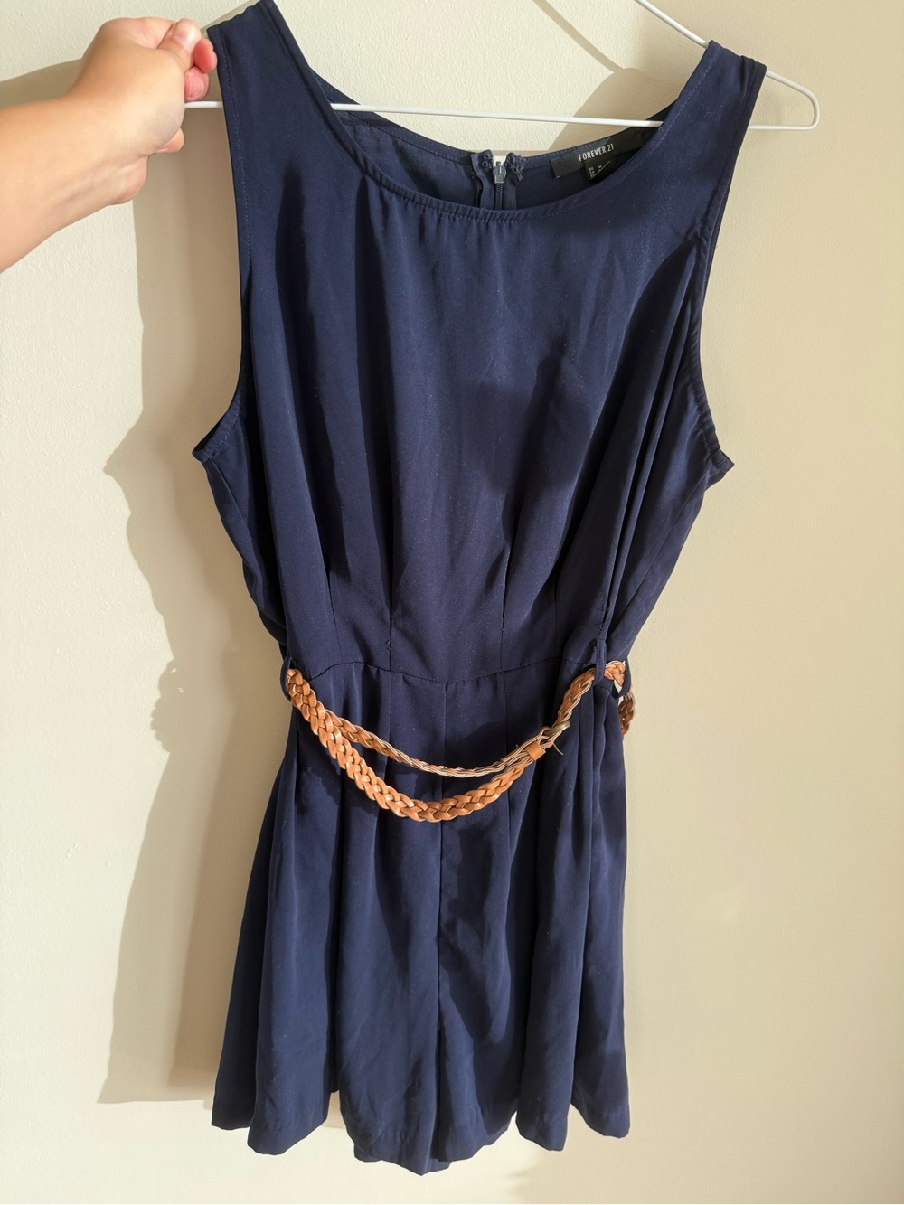 Sleeveless Navy Romper with Braided Tan Belt